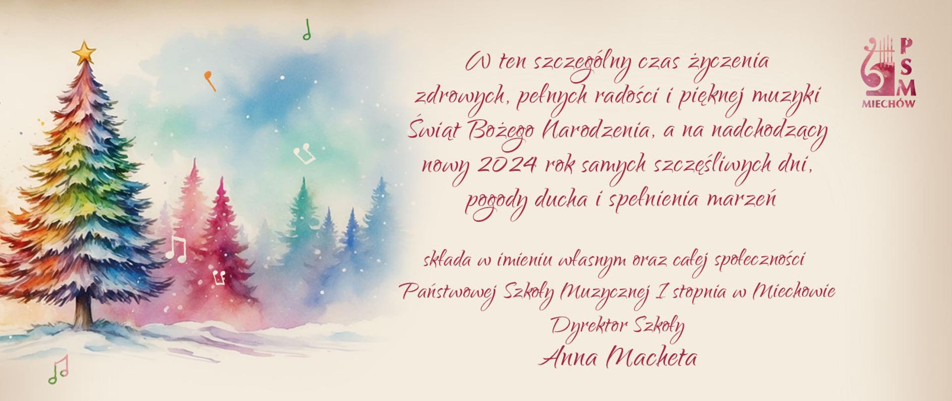 Na fotografii znajdują się kolorowe świąteczne choinki o tekst z życzeniami