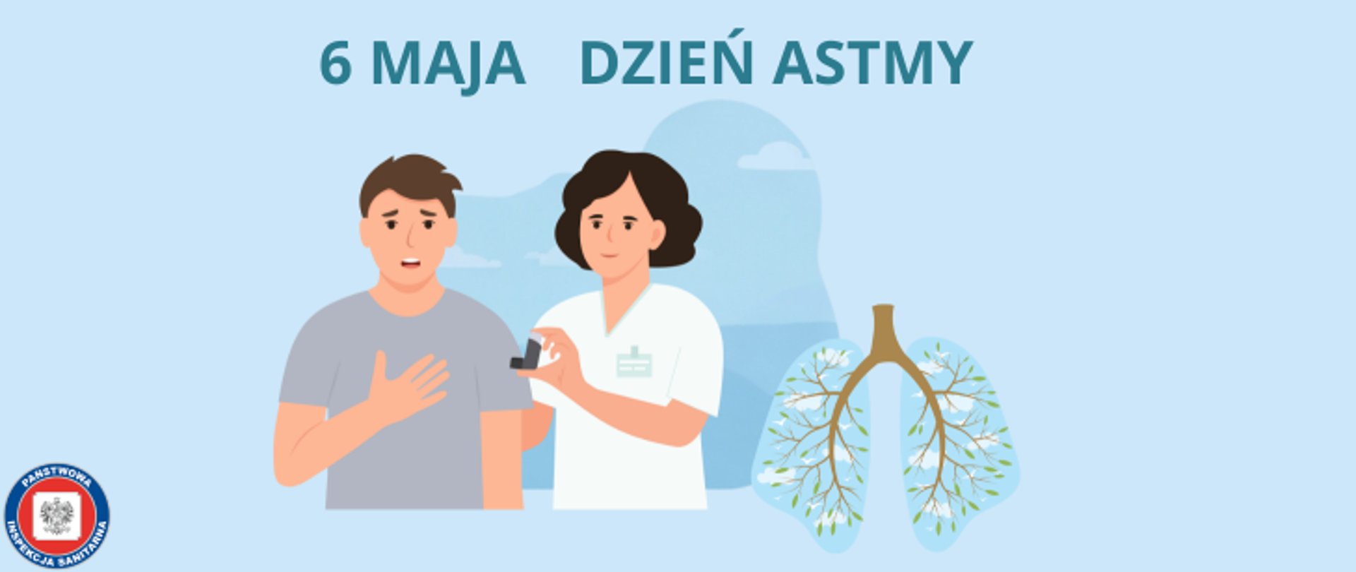Grafika przedstawia pacjenta chorującego na astmę, przy którym stoi lekarz lub pielęgniarka w białym fartuchu. Lekarz podaje pacjentowi inhalator. Po prawej stronie znajduje się symbol płuc. w lewym dolnym rogu znajduje się logo Państwowej Inspekcji Sanitarnej. 