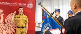 Po lewej stronie kadru stoi str. Grzegorz Pyrek, uniesioną dłonią składając ślubowanie. Po prawej stronie widoczna jest grupa oficerów PSP w granatowych mundurach galowych, trzymających sztandar wojewódzki PSP. Jeden z oficerów czyta tekst roty z dokumentu. W tle znajdują się pionowe żaluzje okienne, a całość odbywa się w sali odpraw Komendy Wojewódzkiej PSP w Opolu. Zdjęcie ukazuje kluczowy moment uroczystości — wypowiedzenie słów ślubowania.
