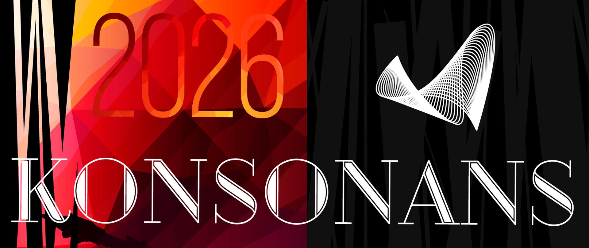 Plakat wydarzenia "Konsonans 2026 – V Konkurs Zespołów Instrumentów Dętych Drewnianych". Tło w ciepłych, abstrakcyjnych barwach z sylwetkami klarnetu i saksofonu. Po prawej stronie na czarnym tle informacje: "22 kwietnia 2026 r. (środa), Koncert Laureatów w auli szkoły, Miechów, ul. Sienkiewicza 32A, o godz. 17:00".