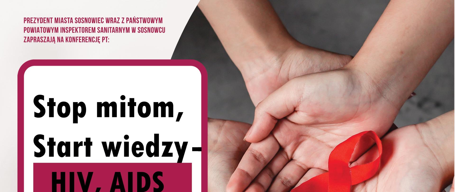 plakat , dłonie z czerwoną wstęgą, znak HIV i AIDS