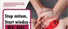 plakat , dłonie z czerwoną wstęgą, znak HIV i AIDS