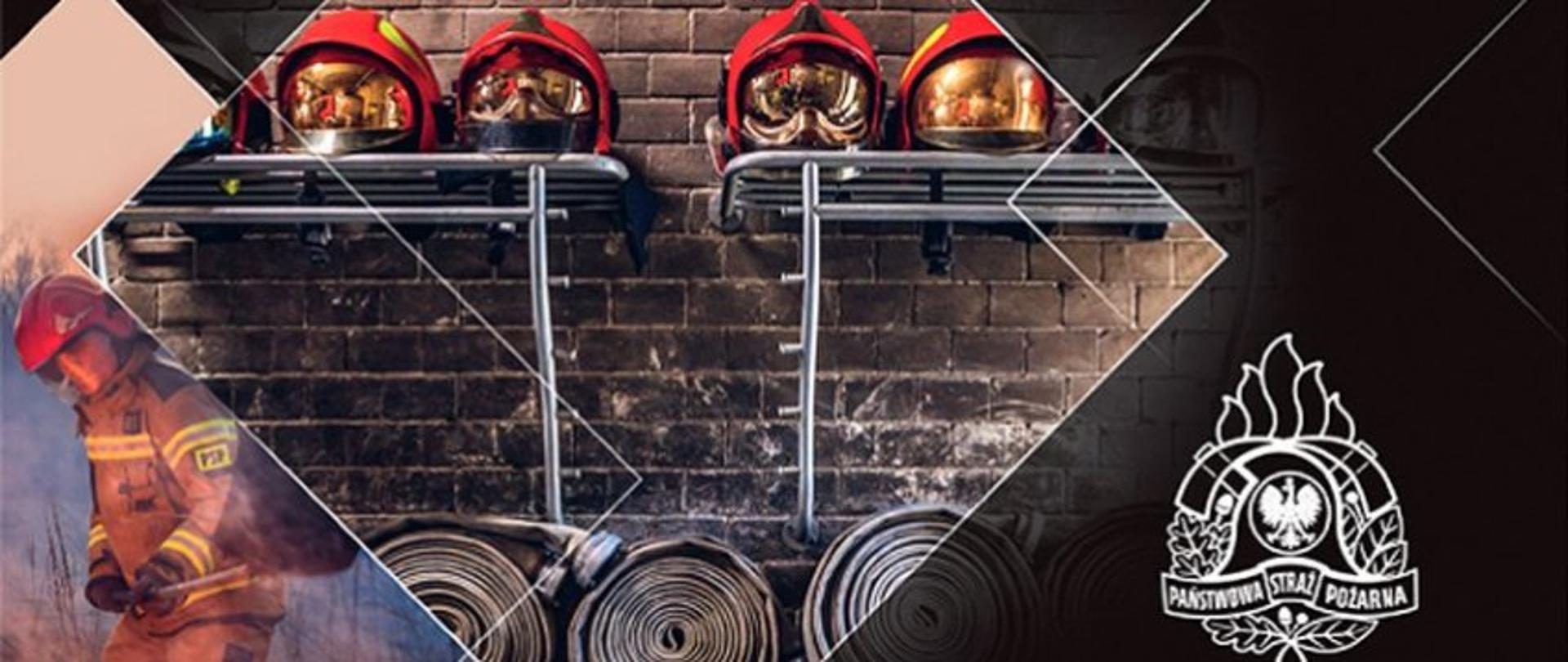 Na zdjęciu widać strażaka, cztery hełmy strażackie i 3 węże.