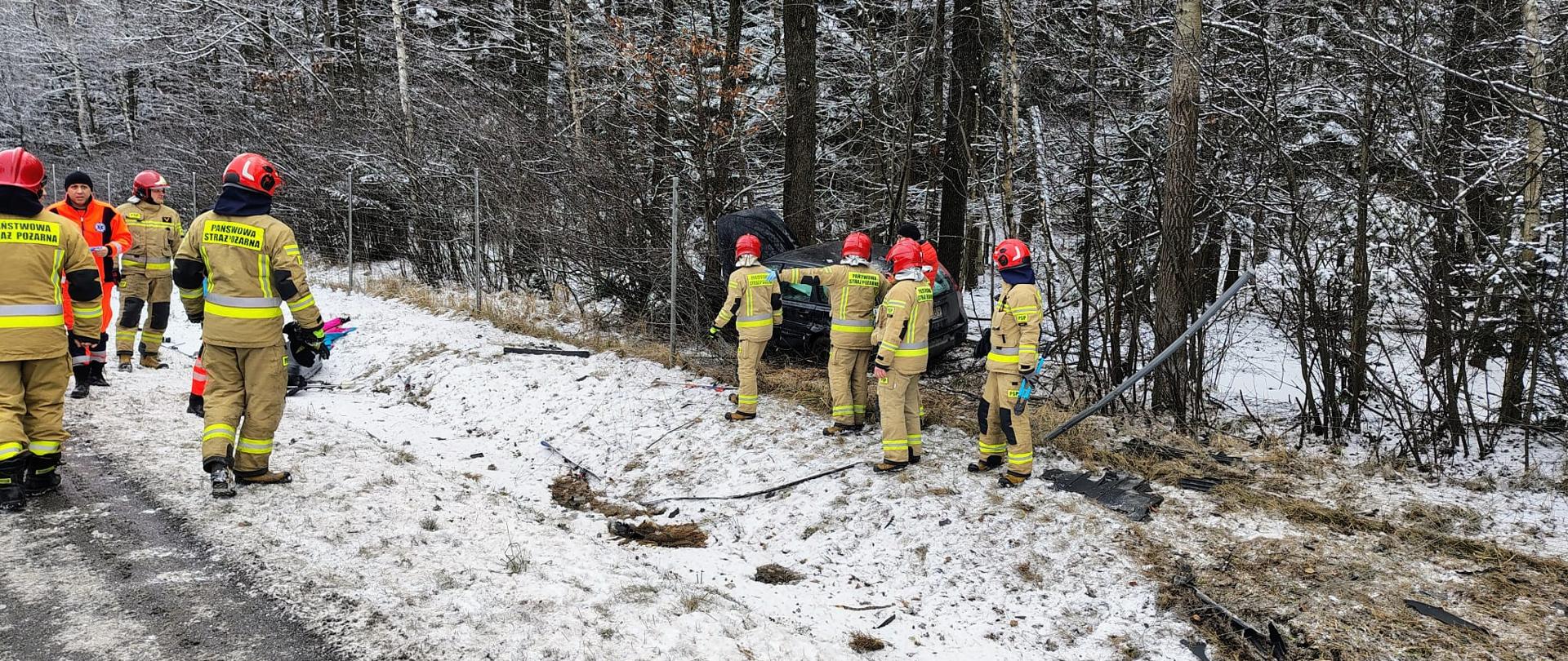 Zdjęcie przedstawia miejsce wypadku: wśród drzew stoi jeden z samochodów biorących udział w zdarzeniu. Na jezdni i poboczu stoją ratownicy.
