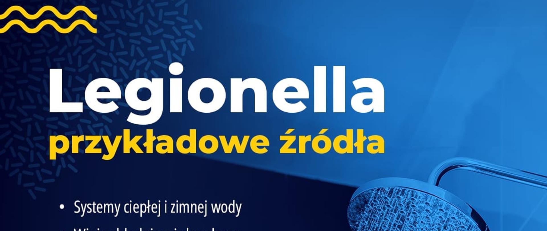 Grafika w barwach od niebieskiego do granatowego, nawiązująca do kabiny prysznicowej z tekstami informującymi o przykładowych Legionelli.