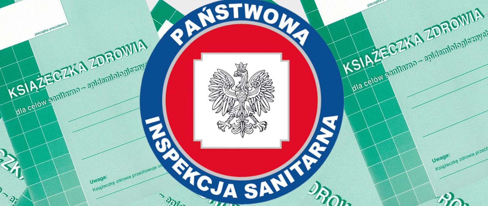 Logo Inspekcji Sanitarnej na tle Książeczek do celów sanitarno-epidemiologicznych