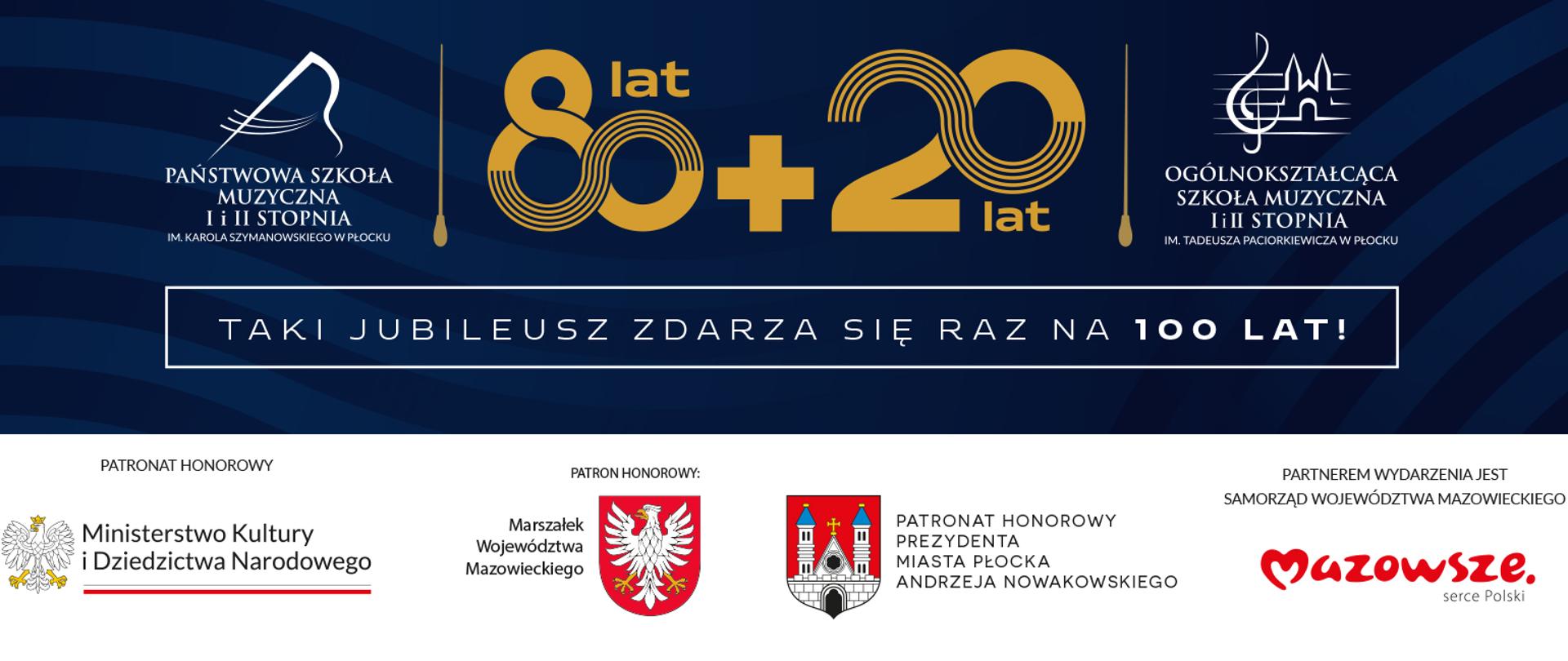 baner: granatowe tło na nim logotypy szkół muzycznych oraz duże cyfry 80 + 20