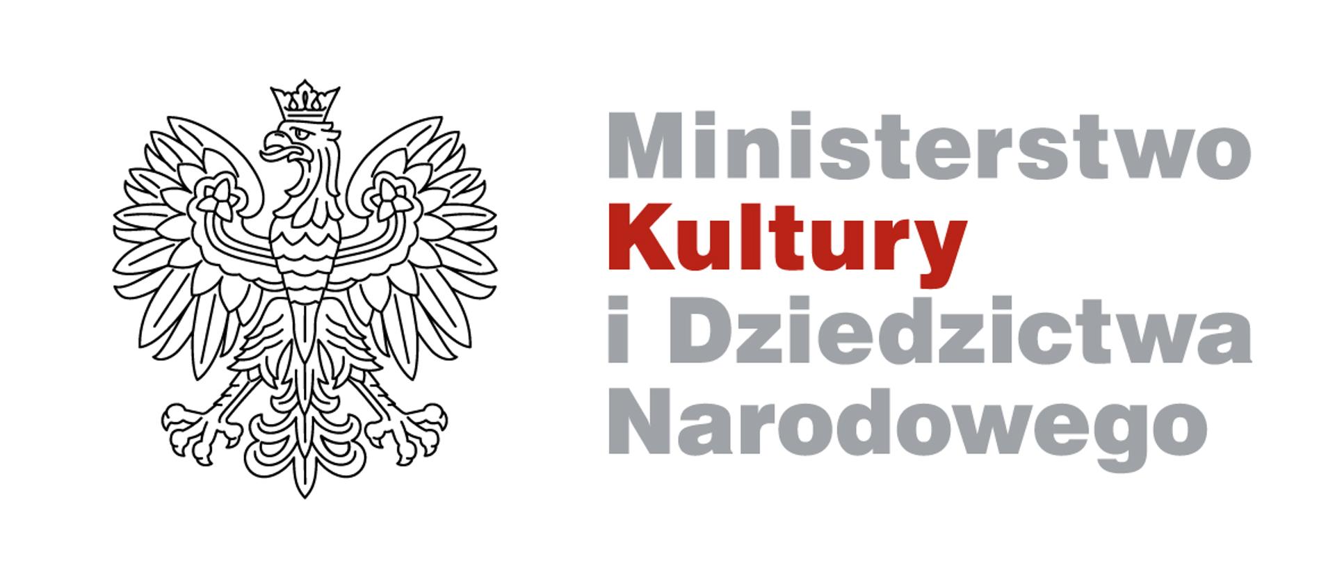 logo w poziomie. Po lewej stronie Godło Polski, po prawej szaro-czerwony napis "Ministerstwo Kultury i Dziedzictwa Narodowego"