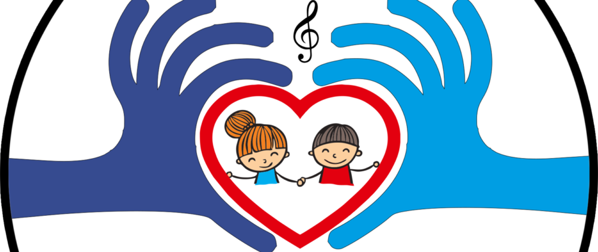 logo Rady rodziców. Dłonie zetknięte palcami w kształt serca. Pomiędzy nimi, od góry klucz wiolinowy i dwoje dzieci. Napis: Rada Rodziców PSM I st. w Wągrowcu. Napis poniżej: Z radością wspieramy nasze dzieci.