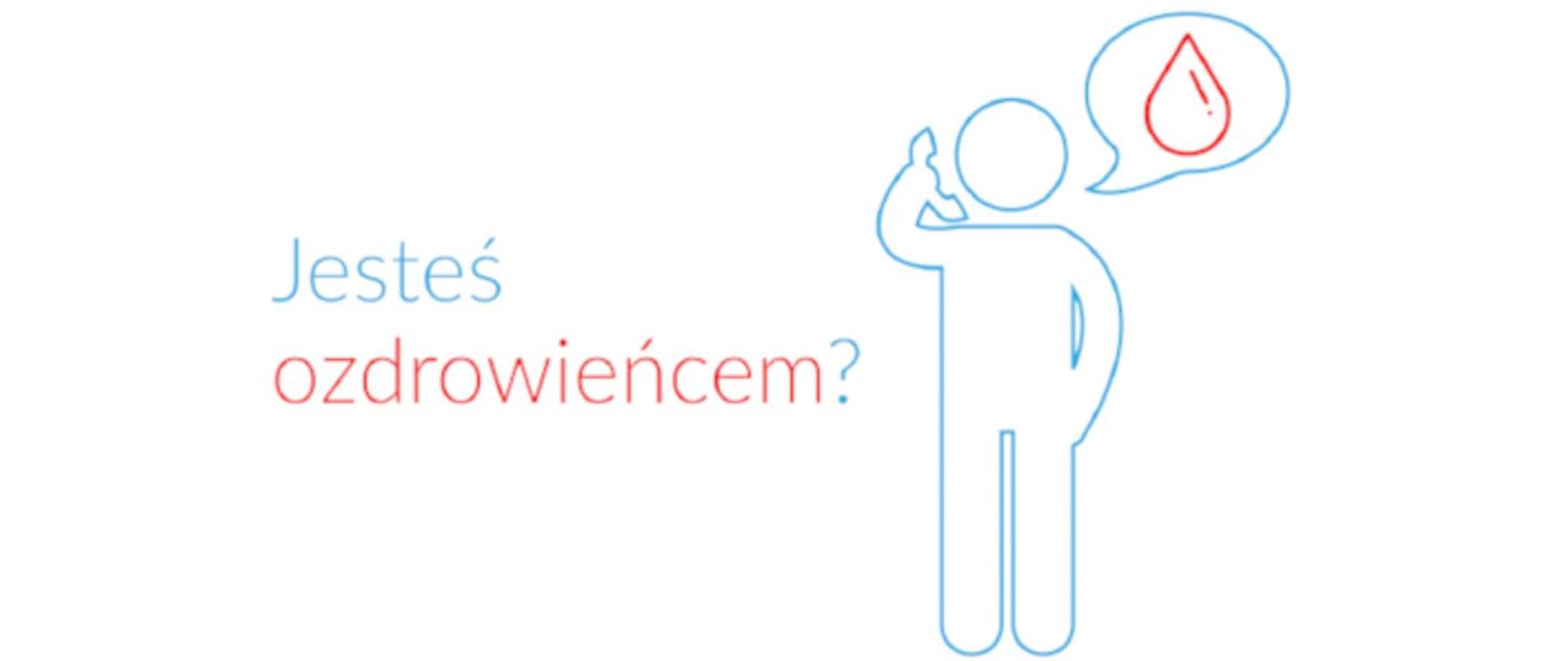 Zdjęcie wskazujące na oddawanie osocza przez ozdrowieńców z napisem "Jesteś ozdrowieńcem: i ludzikiem dzwoniącym w sprawie oddania osocza