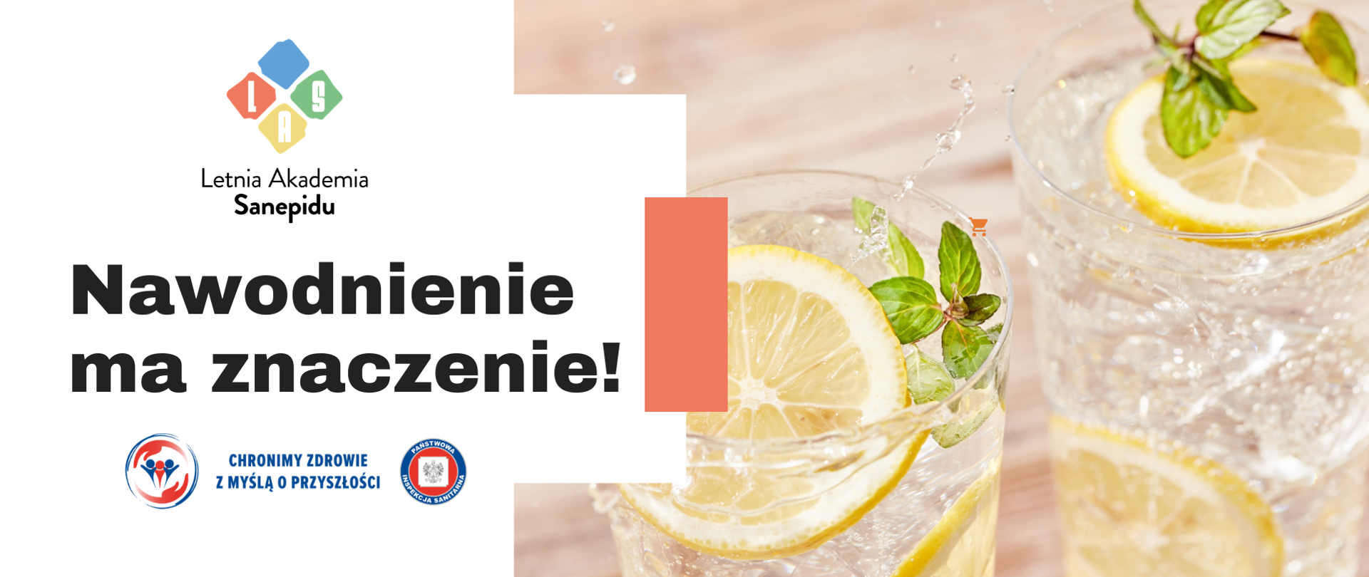 Grafika Letniej Akademii Sanepidu z hasłem „Nawodnienie ma znaczenie!”. Po prawej stronie widoczne są dwie szklanki wody z kostkami lodu, plasterkami cytryny i świeżą miętą. Na jasnym tle umieszczono logo programu oraz Państwowej Inspekcji Sanitarnej. Grafika promuje prawidłowe nawodnienie organizmu