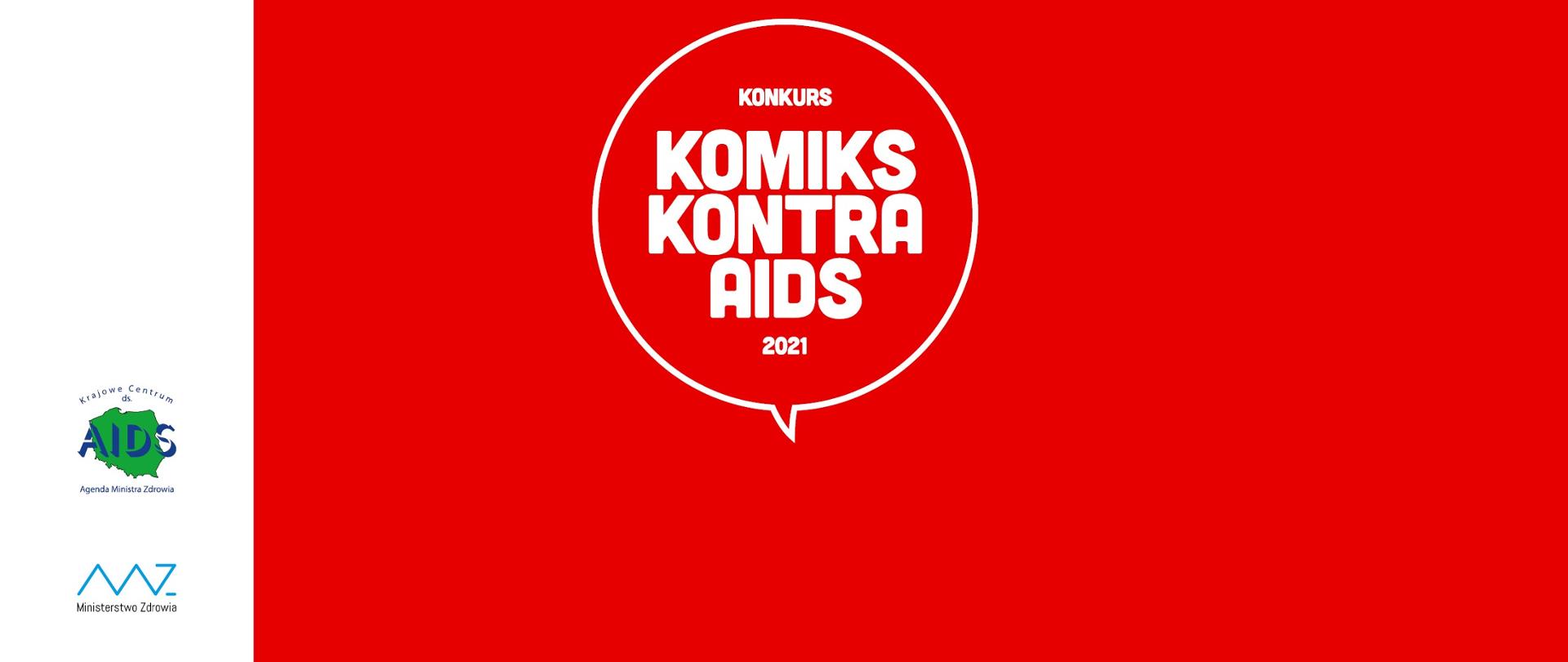 Obrazek z napisem "Konkurs - Komiks kontra AIDS 2021" na czerwonym tle