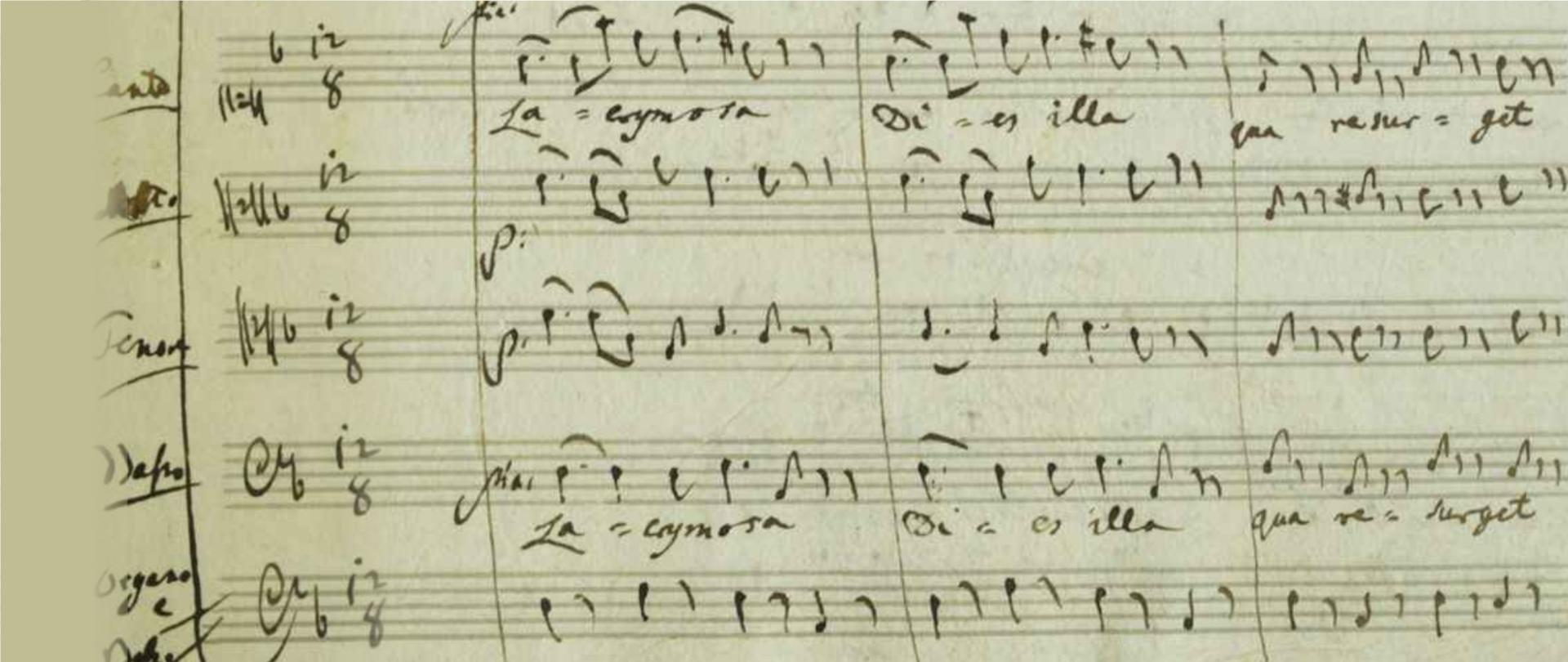 Grafika przedstawia piersze takty chóralne Lacromosa - rękopis Mozarta