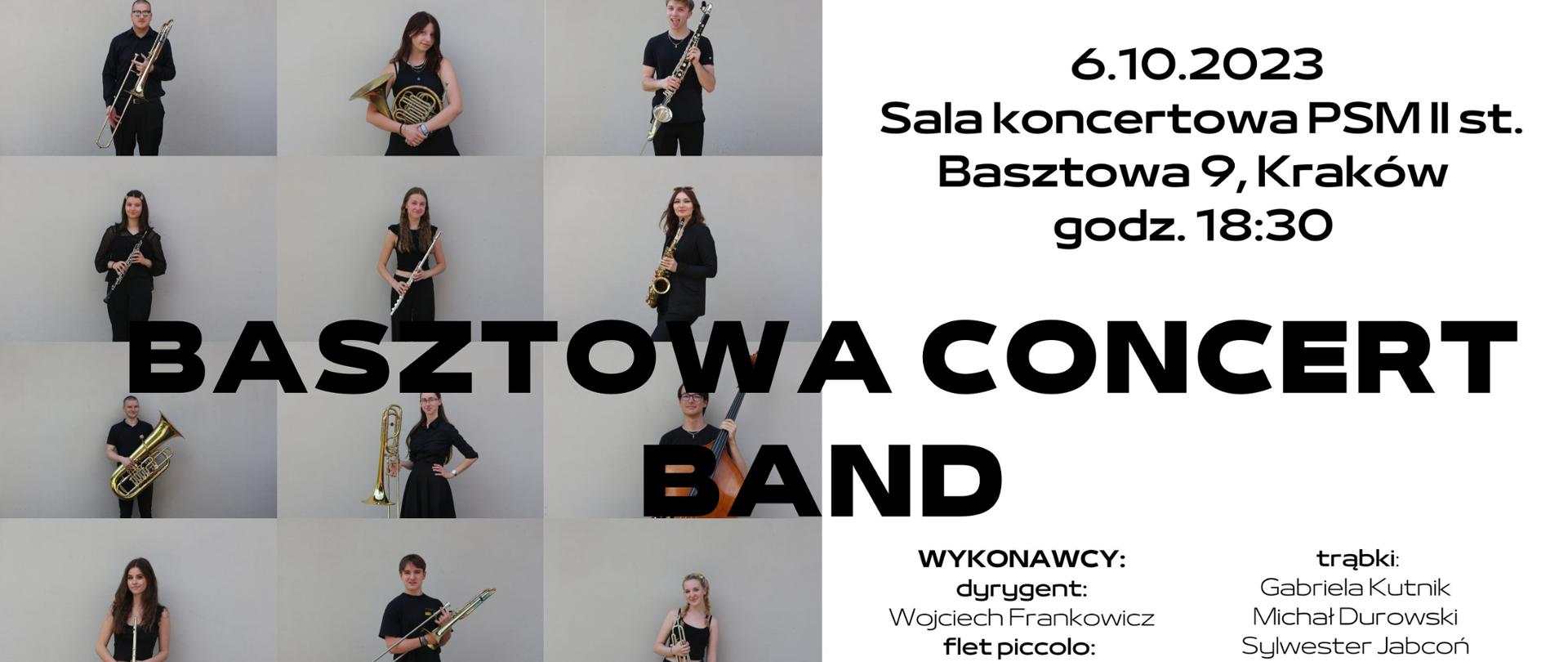 Koncert "Basztowa Concert Band" 6.10.2023 godz. 18.30 plakat po lewej stronie zdjęcia osób po prawej napis 