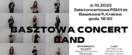 Koncert "Basztowa Concert Band" 6.10.2023 godz. 18.30 plakat po lewej stronie zdjęcia osób po prawej napis 
