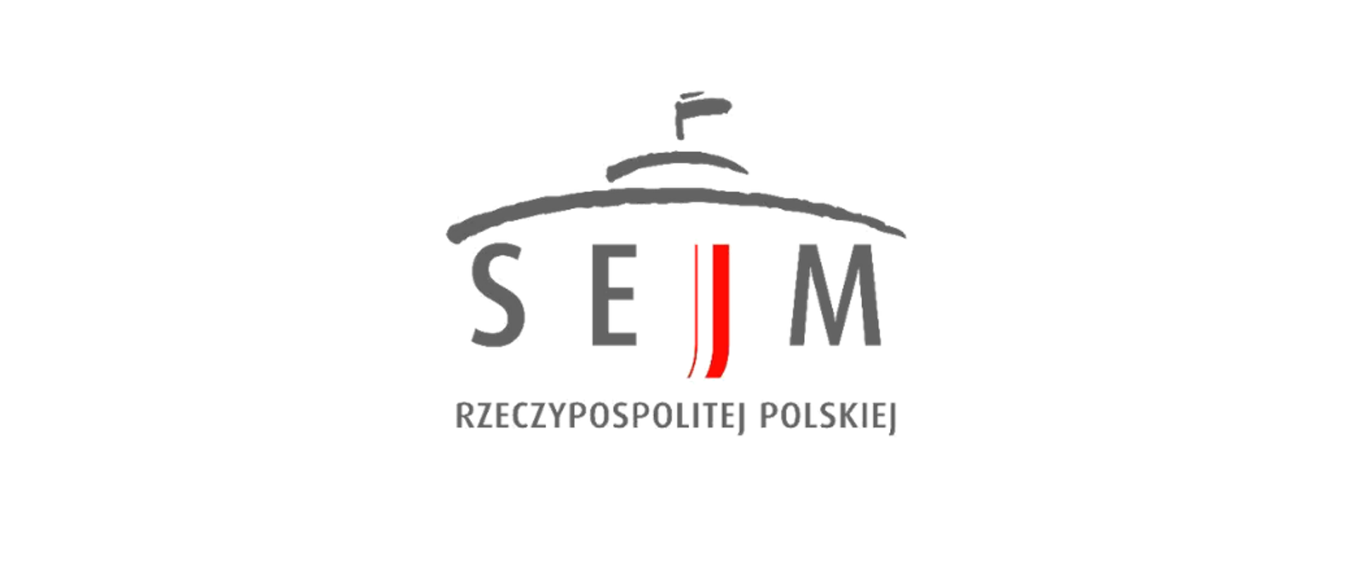 Na białym tle centralnie umieszony napis "Sejm", w kolorze grafitowym. Litera "J" na formę pionowej biało-czerwonej flagi. Poniżej napis "Rzeczypospolitej Polskiej" w kolorze grafitowym. Nad napisem sejm ukośna linia symbolizująca owalny kształt budynku sejmu, nad nią kolejna owalna linia symbolizująca wieżyczkę z masztem na szczycie budynku.