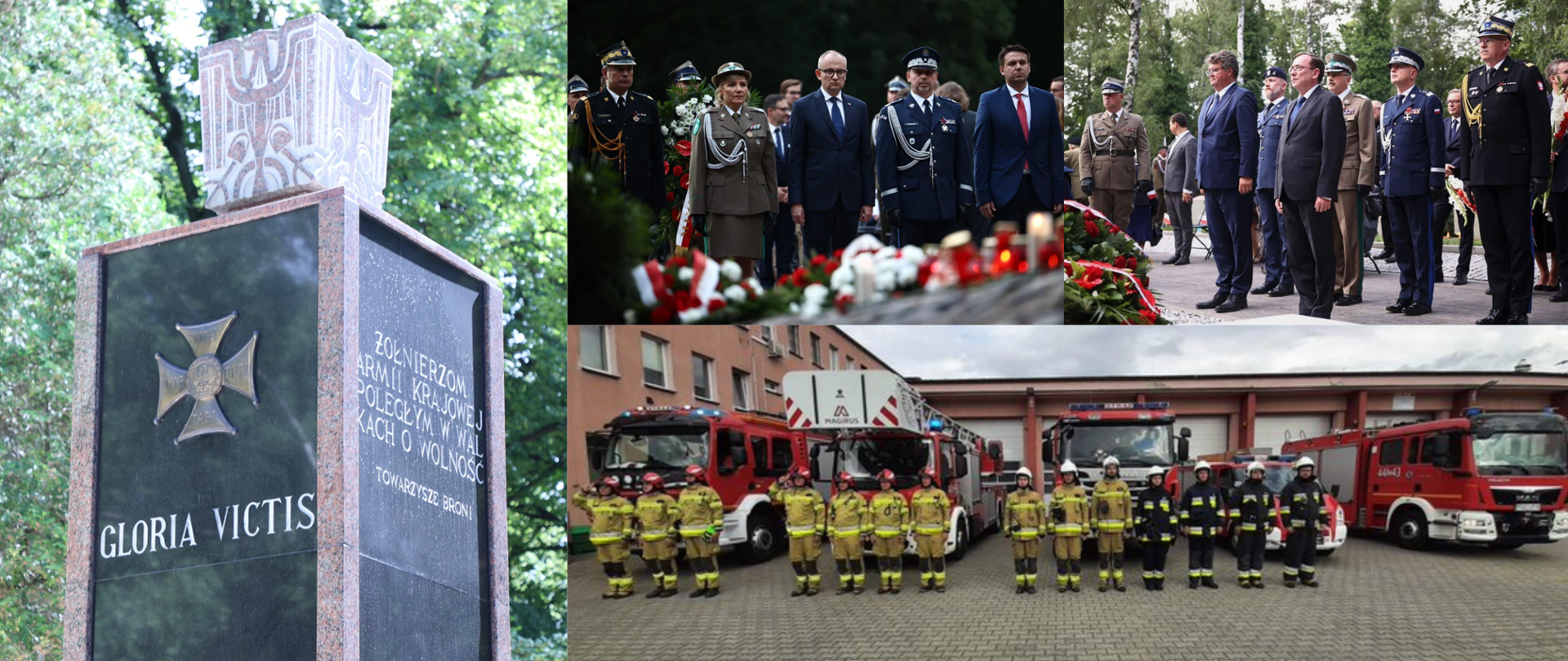 Baner 4 zdjęć, po lewo pomnik z napisem GLORIA VICTIS Żołnierzom Armii Krajowej poległym w walkach o wolność, TOWARZYSZE BRONI. po prawo w lewym i prawym górnym rogu zdjęcia delegacji kierownictwa MSWiA i szefów służb podległych MSWiA podczas obchodów powstania, poniżej zdjęcie strażaków na tle samochodów pożarniczych podczas oddawania hołdu powstańcom