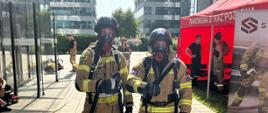 Zdjęcie przedstawia dwóch strażaków w ubraniach specjalnych podczas startu na I POMORSKI BIEG STRAŻAKÓW PO SCHODACH