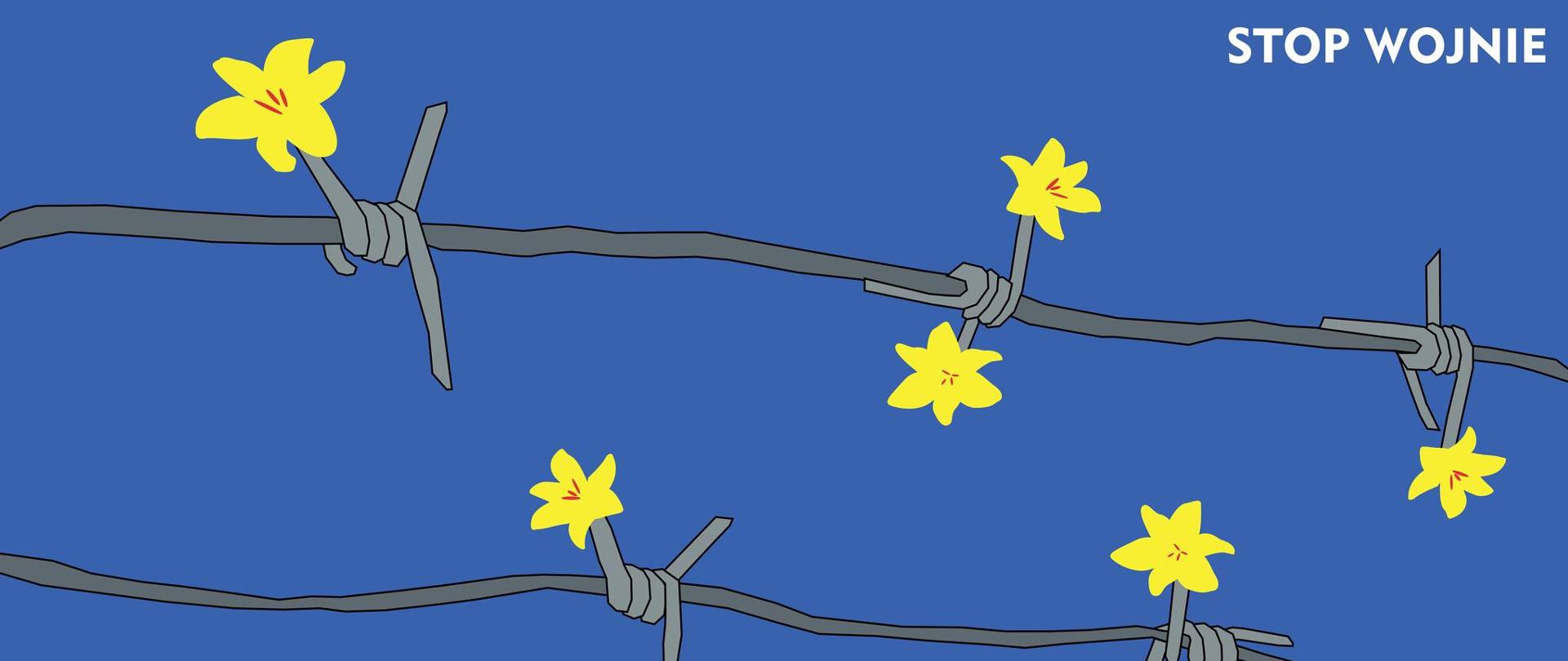 Plakat przedstawiający drut kolczasty w kolcami zakończonymi żonkilami, całość na niebieskim tle