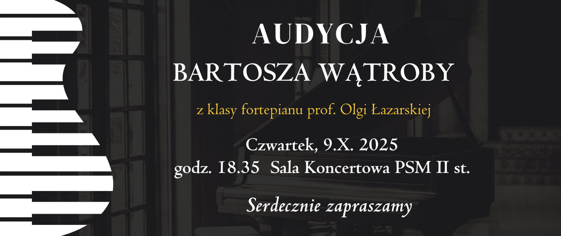 Audycja fortepianowa 9.10.2025 godz.18.35 czarny plakat z klawiaturą po lewej stronie