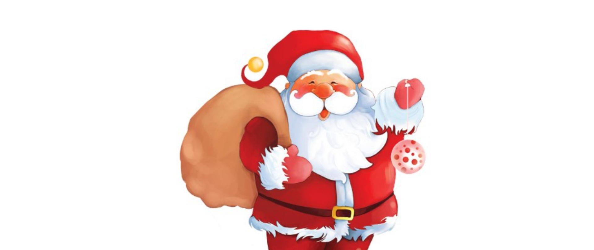 Plakat na białym tle. Na środku znajduje się postać Mikołaja w czerwonym ubraniu. Informacja o koncercie znajduje się u góry i na dole plakatu w kolorze czarnym.