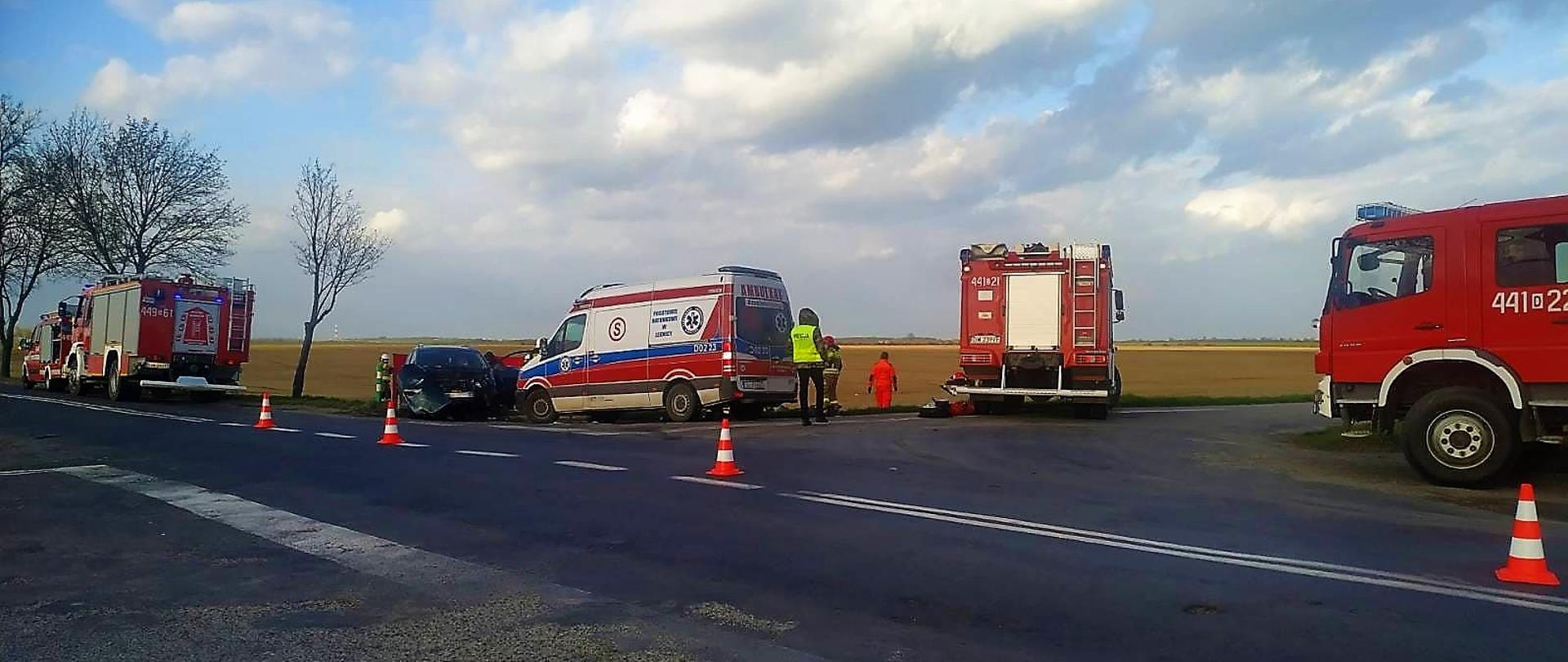 Obraz przedstawia skrzyżowanie, na którym doszło do wypadku samochodowego. Widoczne trzy samochody pożarnicze, karetka pogotowia i jeden z uszkodzonych pojazdów.