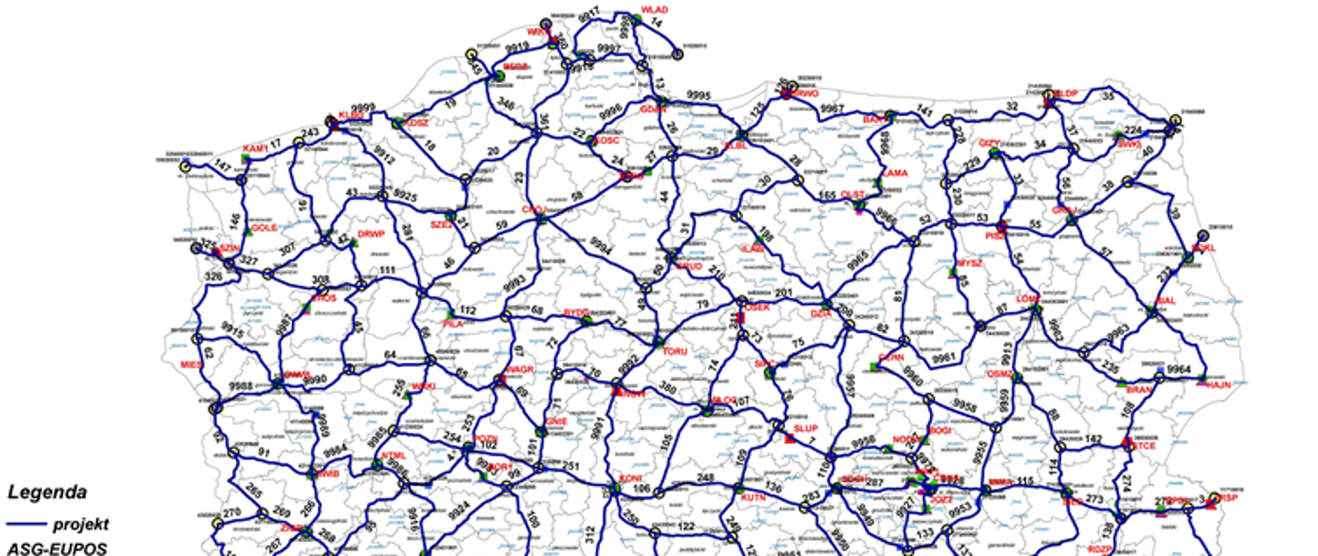Ilustracja przedstawia mapę Polski z przebiegiem linii niwelacyjnych planowanych do pomiaru, wg prezentowanych założeń do modernizacji podstawowej osnowy geodezyjnej wysokościowej.