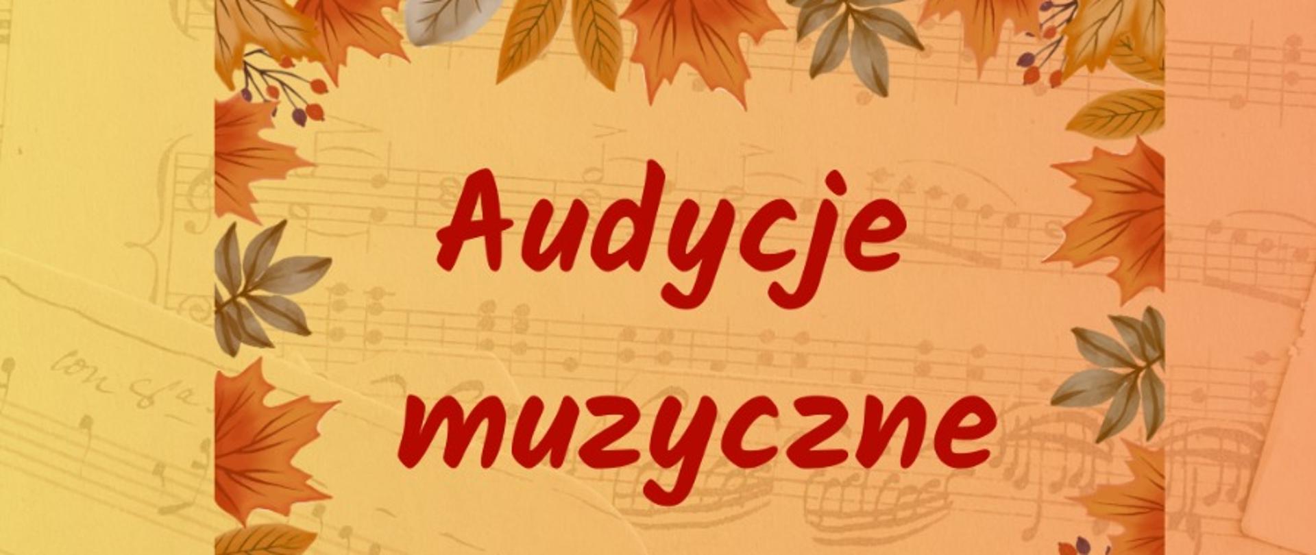na żółto-pomarańczowym tle zarys nut oraz jesienne liście i żołędzie. Napisy w czerwonym i granatowym kolorze