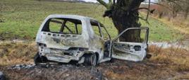 Na zdjęciu widoczny spalony samochód osobowy - widok od tyłu pojazdu. Samochód w przydrożnym rowie, obok drzewa, w oddali pola.