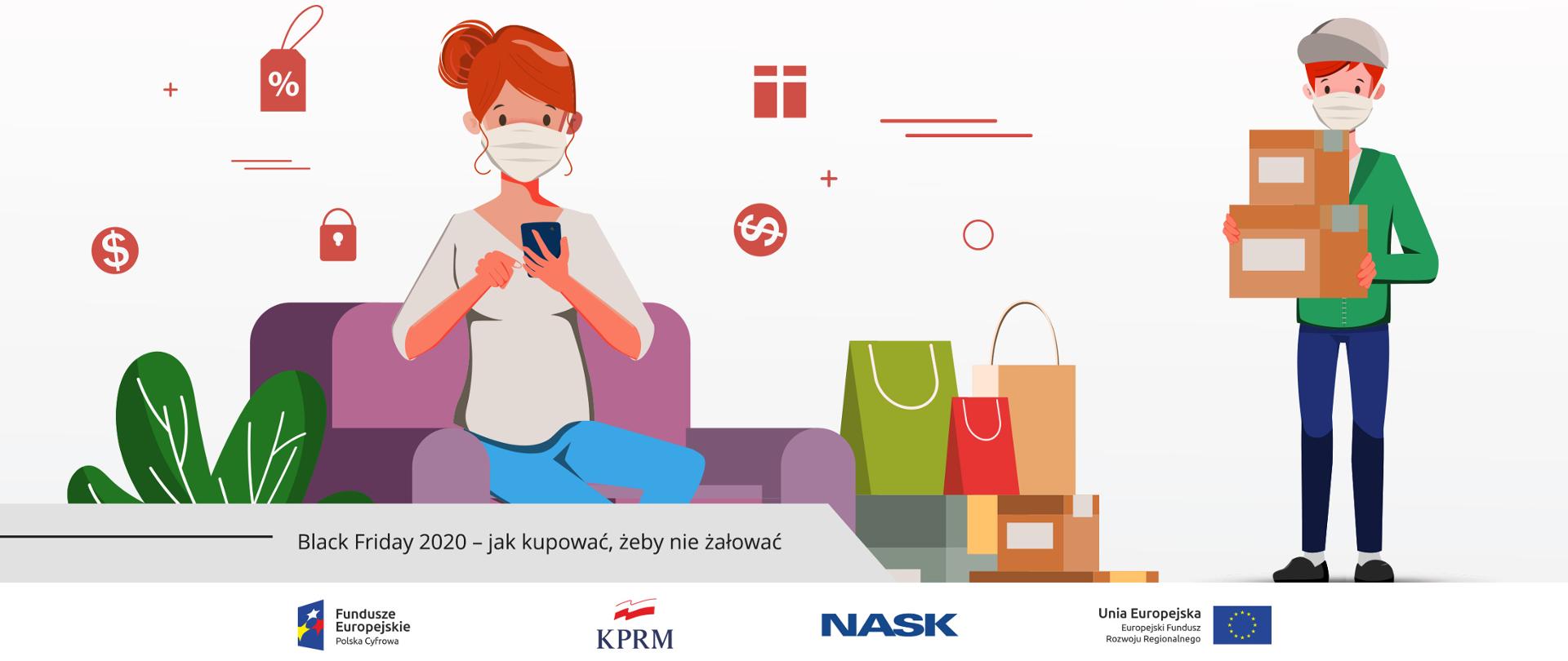 Grafika wektorowa - kobieta w maseczce, siedzi na kanapie i robi zakupy przez internet (w telefonie), obok niej - torby z zakupami. Z prawej strony kurier dostarczający kolejne paczki.