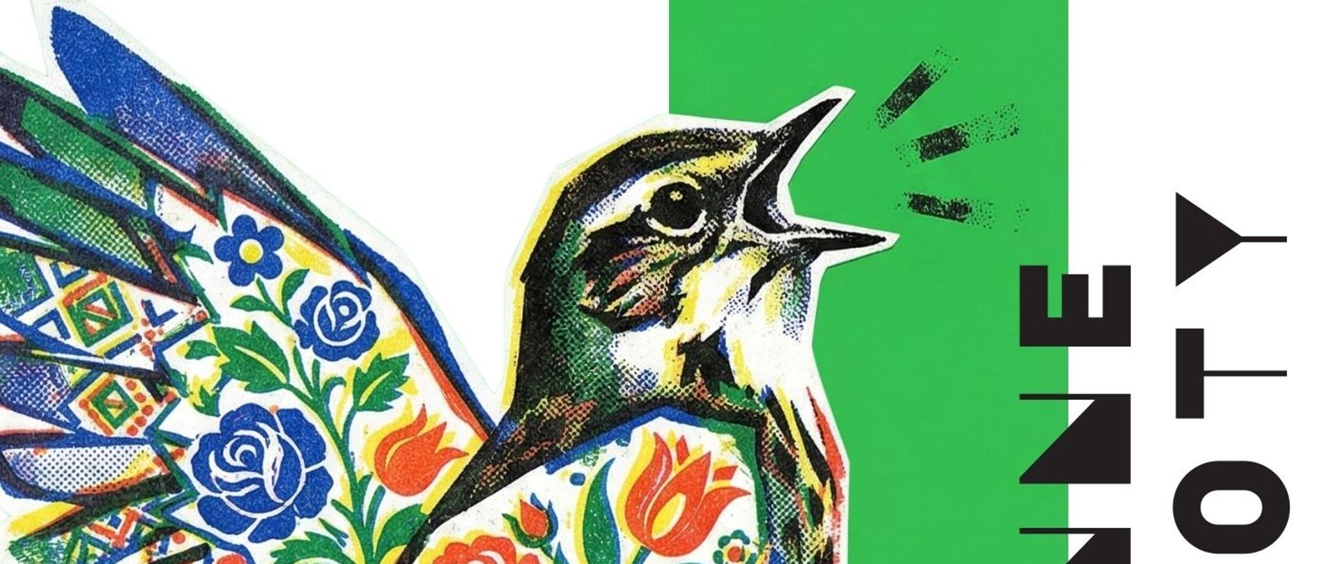 Plakat z informacją o I Festiwalu Chóralnym "Wiosenne świergoty", przedstawia kolorowego ptaszka