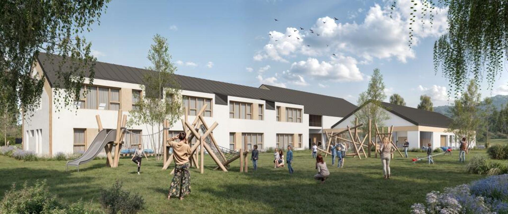 wizualizacja nowego budynku w którym znajdzie się przedszkole i żłobek 