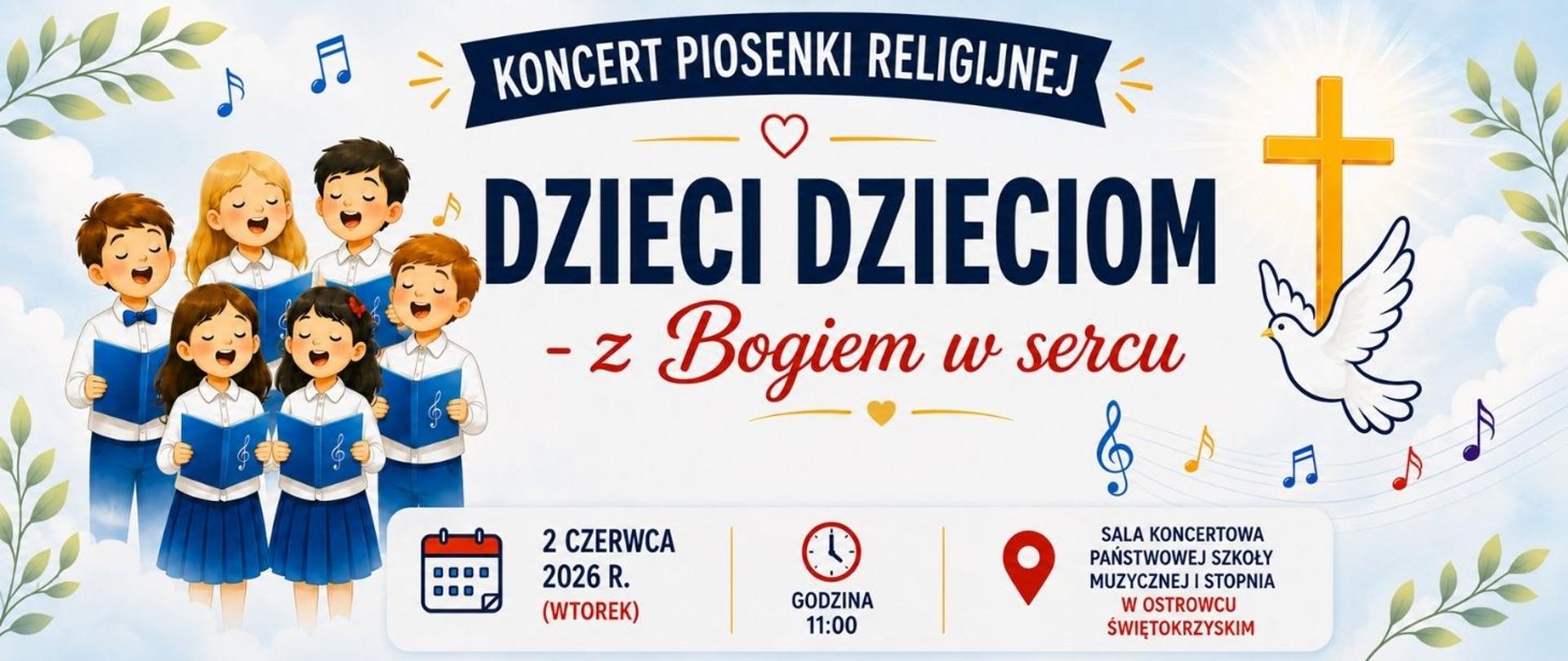zdjęcia dzieci śpiewających w chórze, napisy w kolorze czerwonym i granatowym na białym tle, z żółtym krzyżem po boku, logo szkoły w kolorze brązowo-żółtym