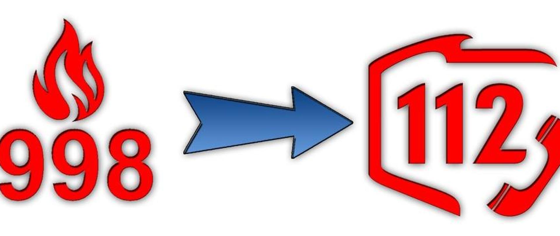 Zdjęcie przedstawia z lewej strony numer alarmowy 998 w środku niebieska strzałka skierowana w stronę numeru alarmowego 112. Dotyczy przełączenia numeru 998 na 112