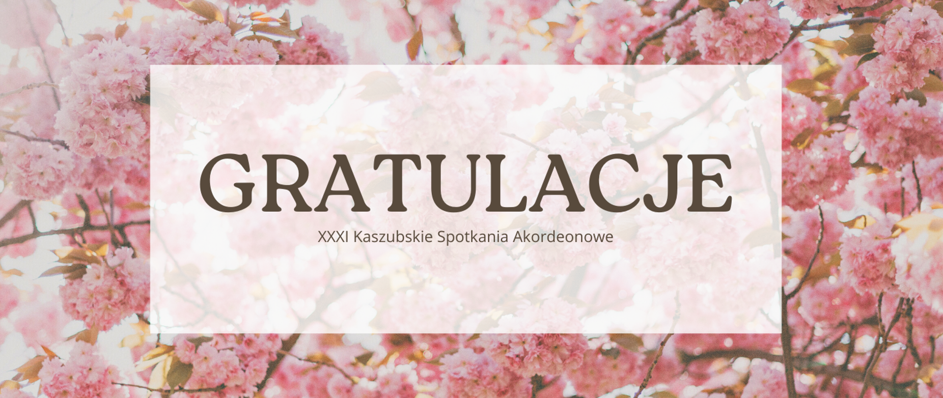 Grafika z tłem w postaci różowych kwiatów przypominających kwitnące drzewa wiśni. Na środku znajduje się półprzezroczysty jasny prostokąt z dużym napisem "GRATULACJE". Poniżej widnieje mniejszy tekst: "XXXI Kaszubskie Spotkania Akordeonowe". Całość ma elegancki, delikatny i uroczysty charakter.