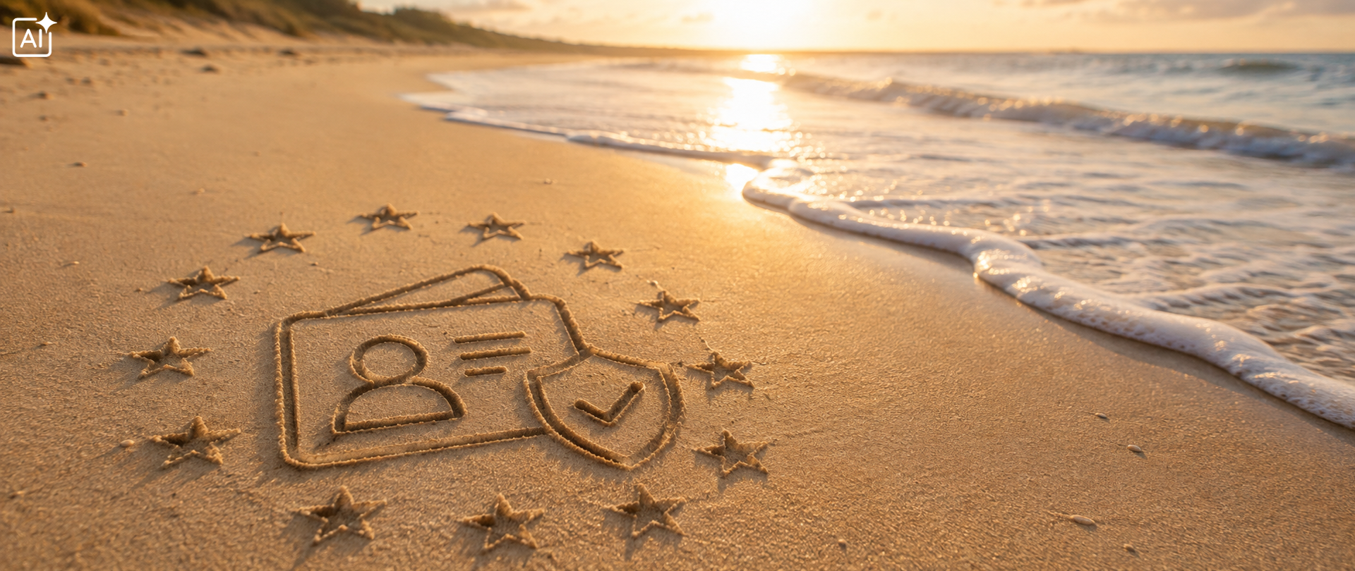 plaża, na niej gwiazdki z piasku otaczające też piasku kartę przypominającą dowód osobisty, z boku morze, w tle zachód słońca