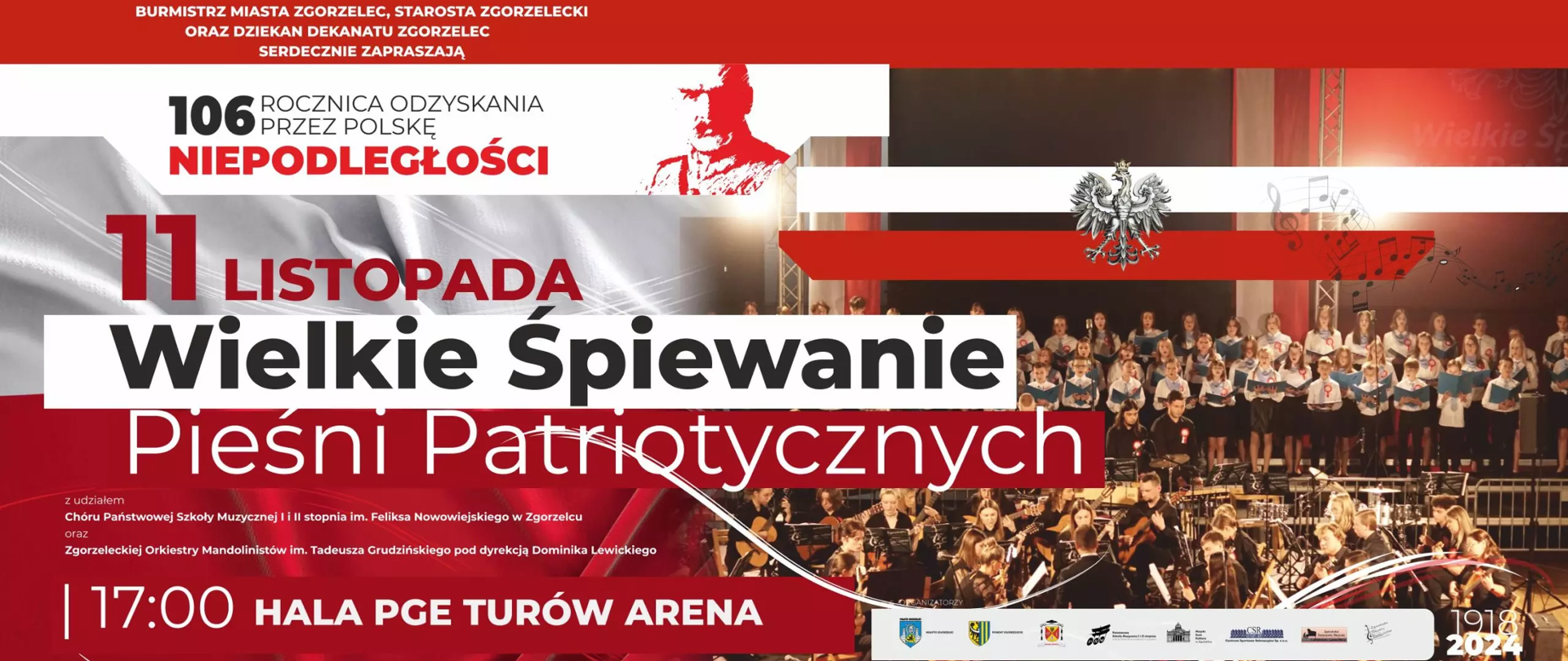 Plakat do koncertu Wielkie Śpiewanie Pieśni Patriotycznych, zdjęcie chóru i orkiestry