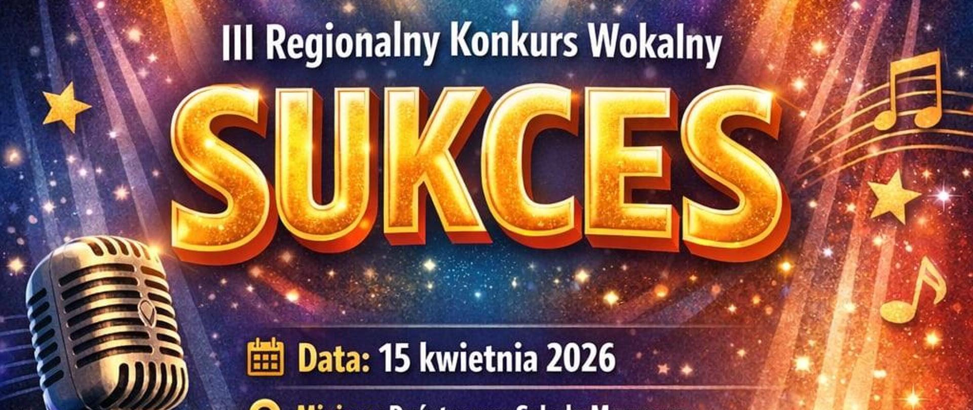 „Plakat promujący III Regionalny Konkurs Wokalny „Sukces”. Na tle sceny z kolorowymi światłami i publicznością widoczny jest duży mikrofon. Tekst informuje o dacie 15 kwietnia 2026 oraz miejscu – Państwowa Szkoła Muzyczna I stopnia w Myśliborzu. Plakat zaprasza dzieci i młodzież do udziału, podkreśla profesjonalne jury, nagrody i muzyczną atmosferę.”