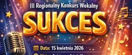 „Plakat promujący III Regionalny Konkurs Wokalny „Sukces”. Na tle sceny z kolorowymi światłami i publicznością widoczny jest duży mikrofon. Tekst informuje o dacie 15 kwietnia 2026 oraz miejscu – Państwowa Szkoła Muzyczna I stopnia w Myśliborzu. Plakat zaprasza dzieci i młodzież do udziału, podkreśla profesjonalne jury, nagrody i muzyczną atmosferę.”