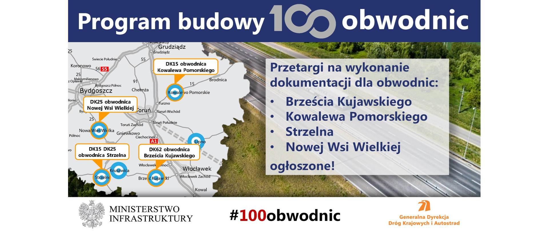 Ogłoszono przetargi na wykonanie dokumentacji obwodnic Brześcia Kujawskiego, Kowalewa Pomorskiego, Strzelna, Nowej Wsi Wielkiej - infografika