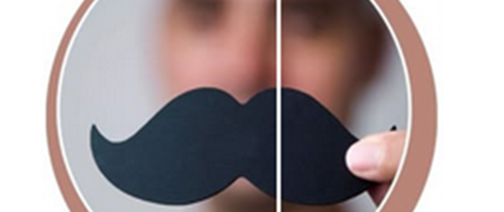 Symbol czarnych wąsów w okręgu, w tle rozmyte zdjęcie mężczyzny. 