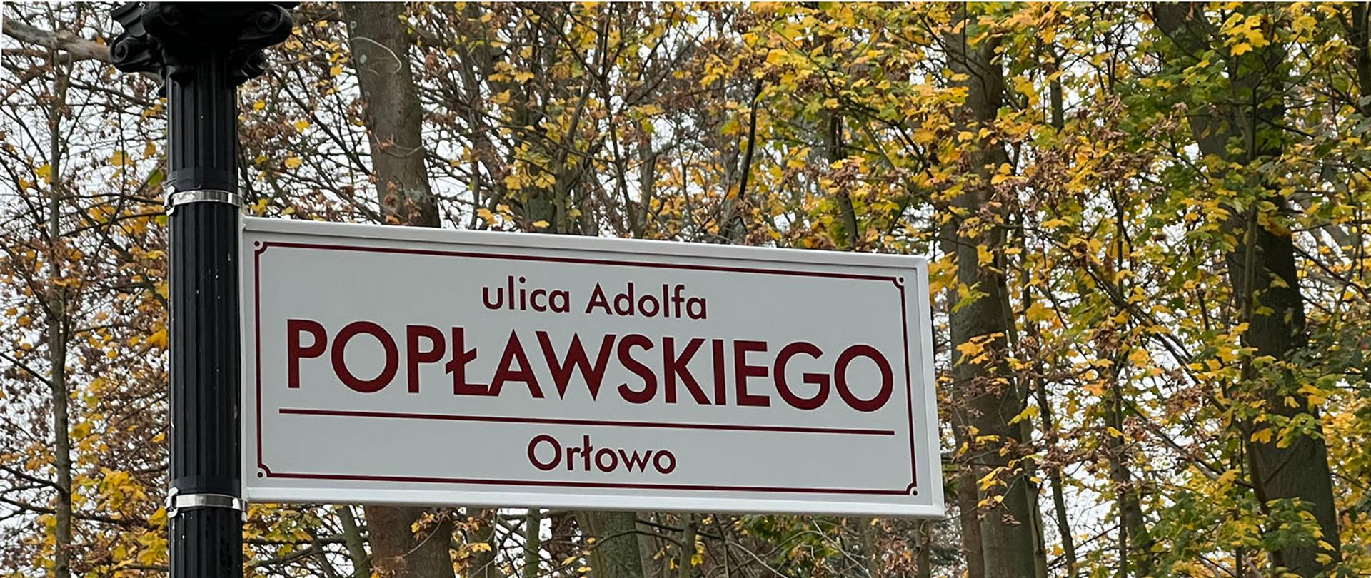 Drogowskaz na słupie z nazwą ulicy Adolfa Popławskiego