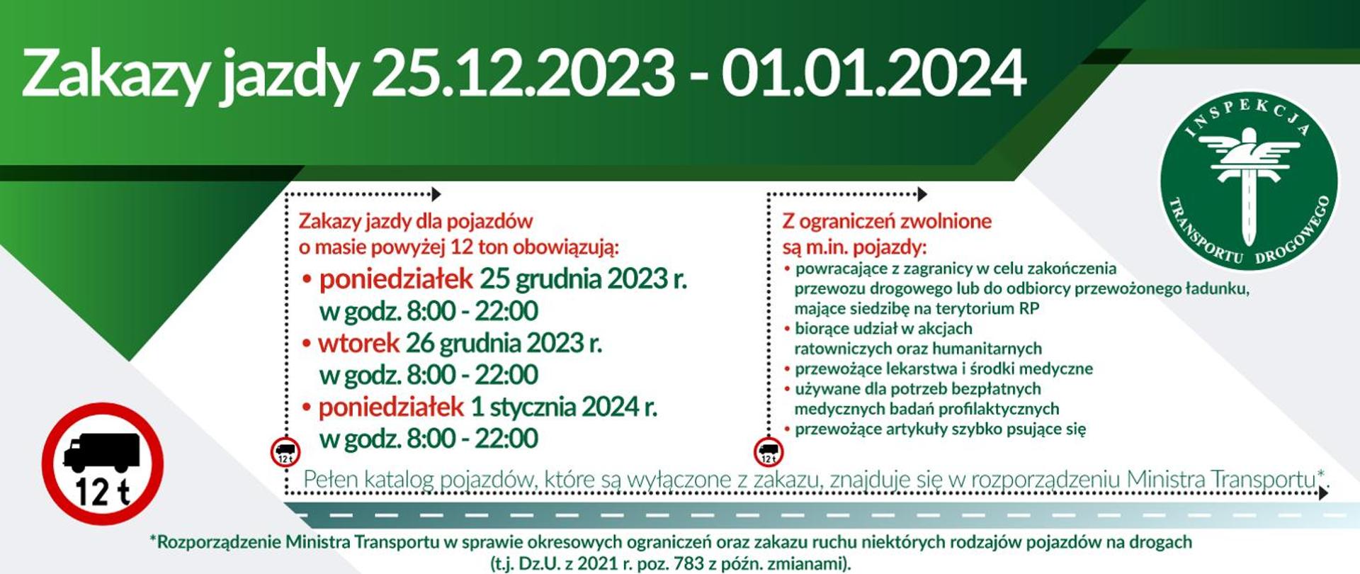 Grafika informująca o ograniczeniach w ruchu dla niektórych pojazdów i zespołów pojazdów o dopuszczalnej masie całkowitej powyżej 12 ton – w pierwszy i drugi dzień Świąt Bożego Narodzenia oraz w Nowy Rok – w godzinach od 8:00 do 22:00