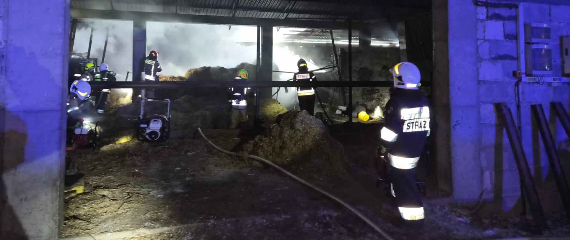 Strażacy pracują wewnątrz budynku inwentarskiego, w tle duże zadymienie, widać duże ilości słomy.