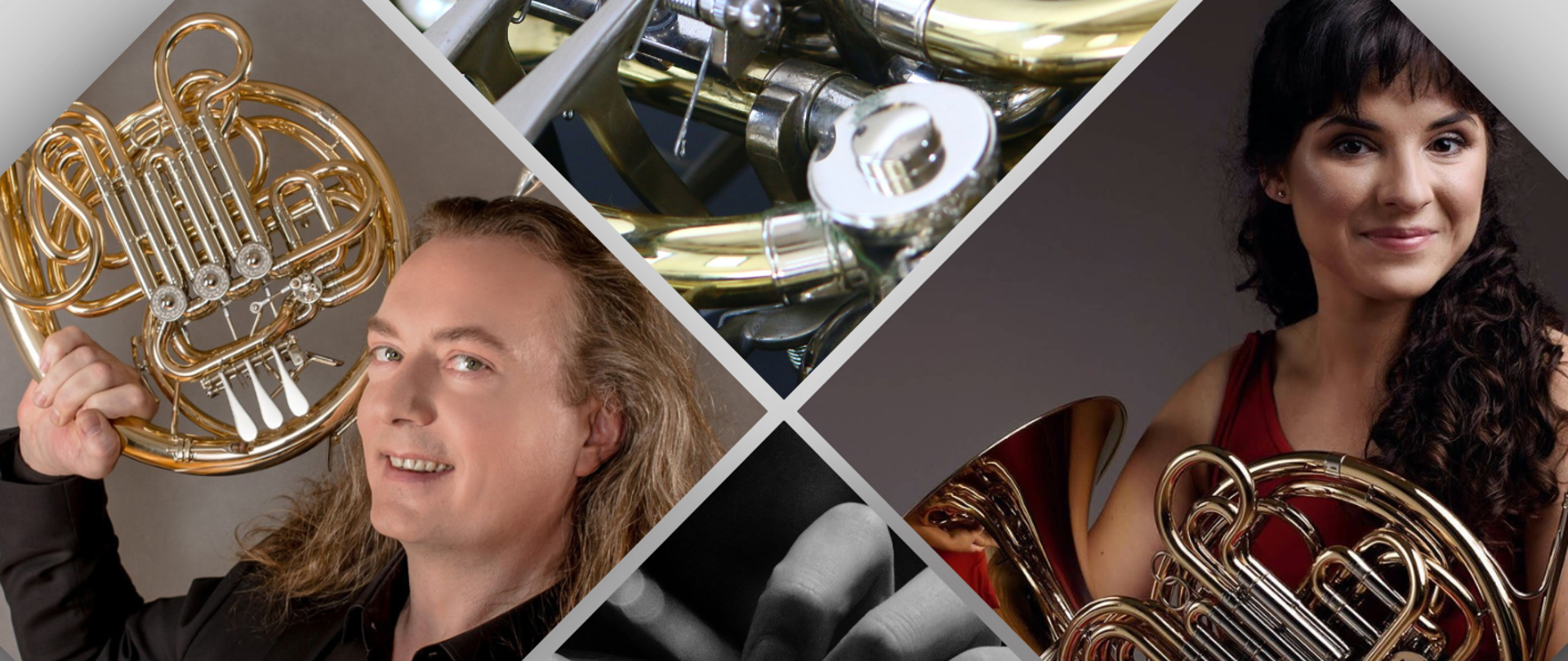 w górnej części zdjęcia przedstawiające mężczyznę i kobietę trzymających waltornię, w prawym dolnym rogu logo szkoły oraz Mikulski Fundation ART, całośc na jasnym tle