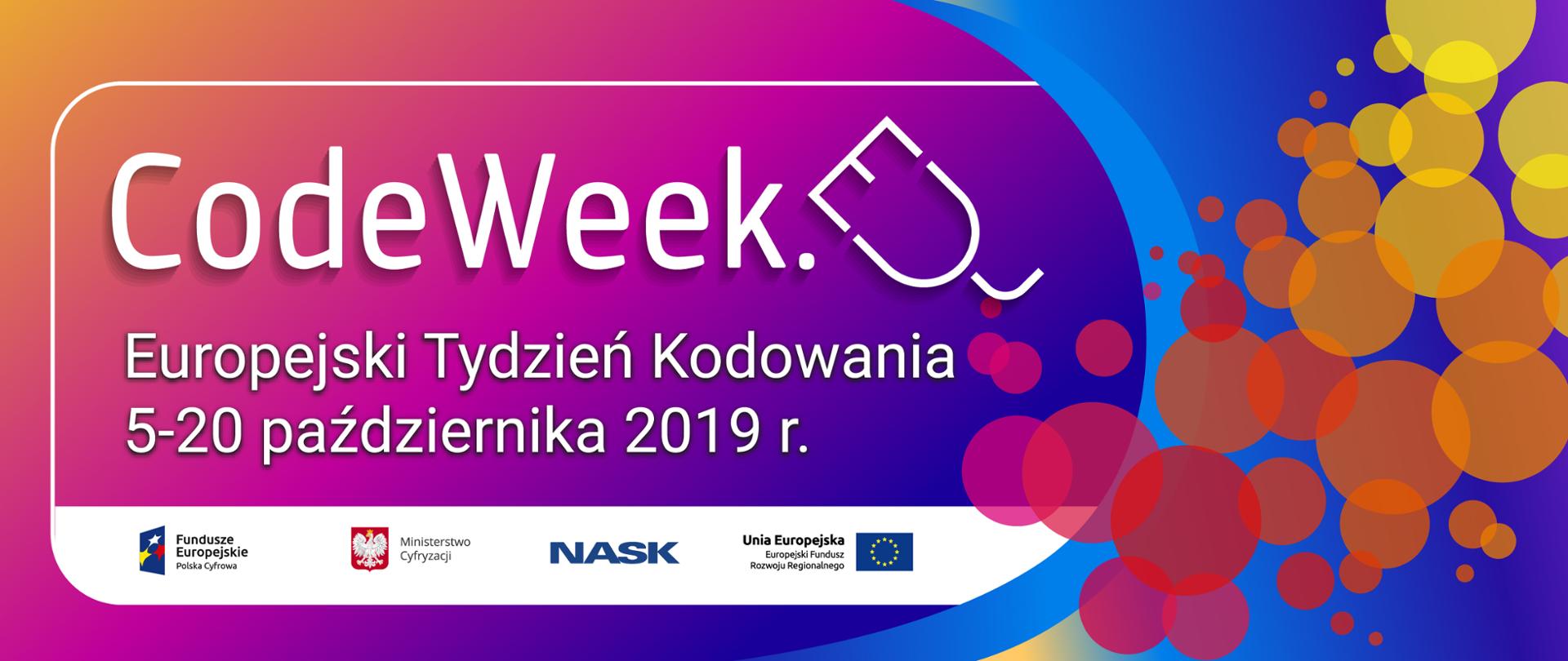 Grafika promująca Europejski Tydzień Kodowania. Komputerowa myszka a obok niej napis: CodeWeek. Europejski Tydzień Kodowania 5-20 października 2019 r.