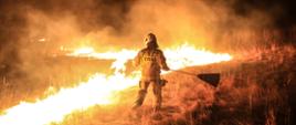 Na zdjęciu widać strażaka stojącego niedaleko pożaru palącej się łąki. Zdjęcie wykonane w nocy. Strażak ubrany w umundurowanie bojowe. Na plecach widać napis straż. 