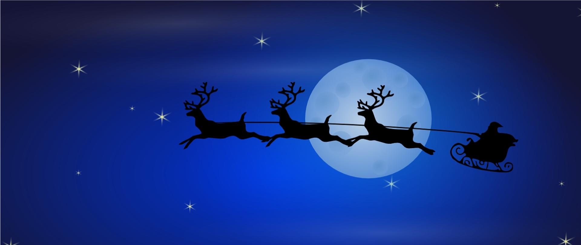Grafika przedstawia zaprzęg św. Mikołaja na tle księżyca i rozgwieżdżonego nieba