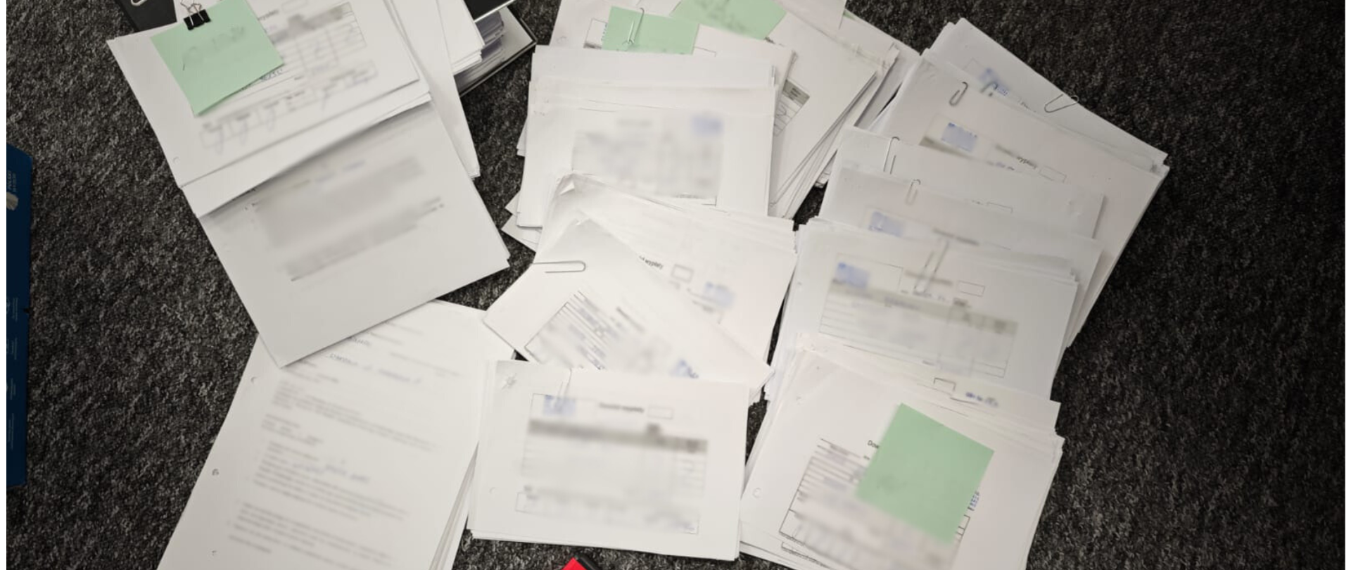 Na biurku rozłożone fikcyjne faktury vat