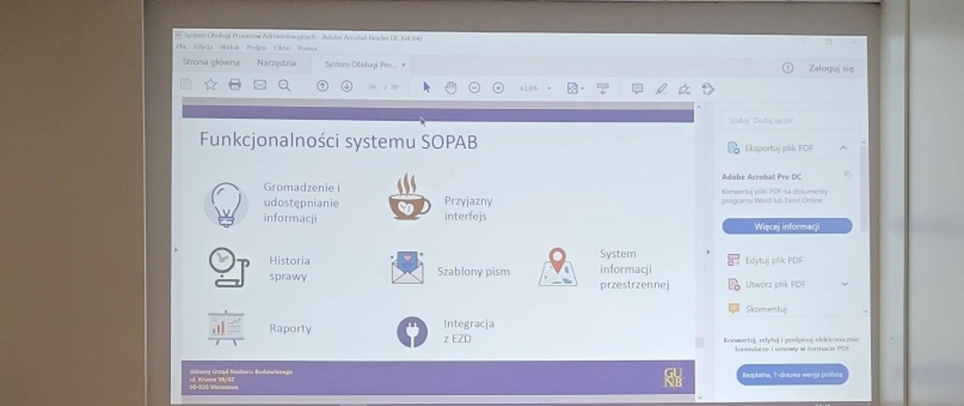 „Slajd z funkcjonalnościami systemu SOPAB i panelem Adobe Acrobat Reader DC po prawej stronie.”